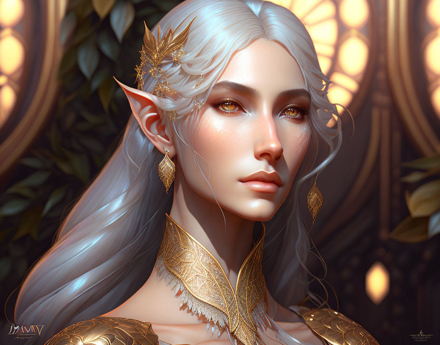 Elven woman digital artwork with white hair and golden jewelry