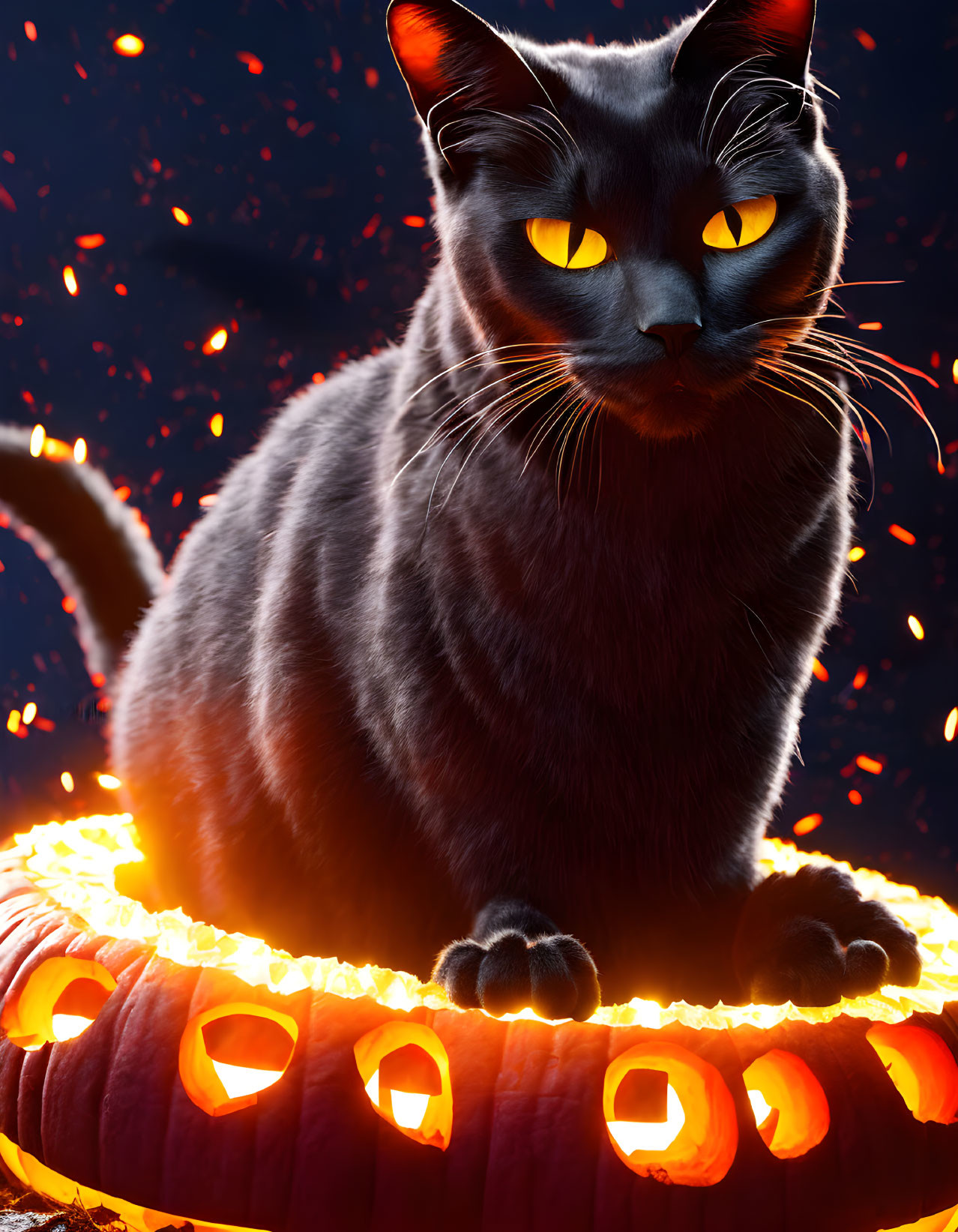 Black Cat with Glowing Eyes on Carved Pumpkin and Floating Embers