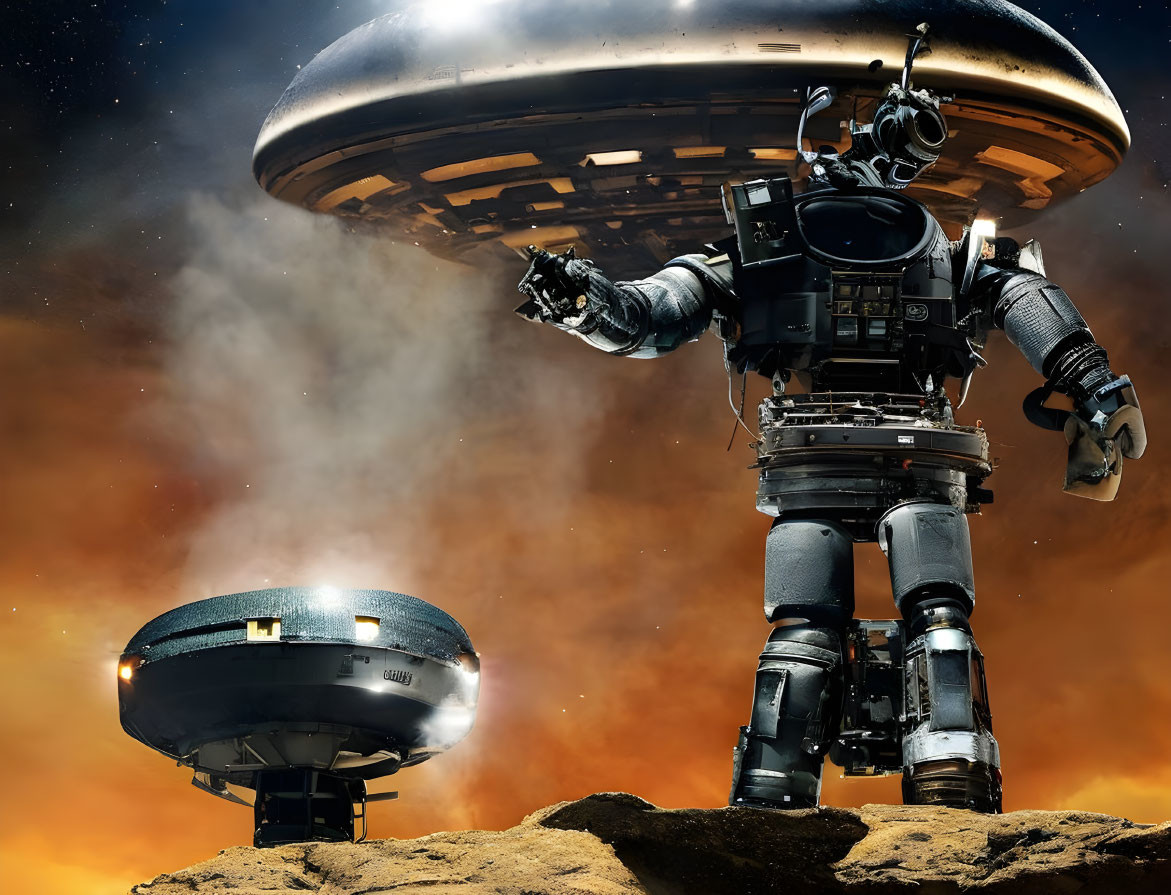 Astronaut with robotic arms reaching towards futuristic spacecraft on rocky terrain