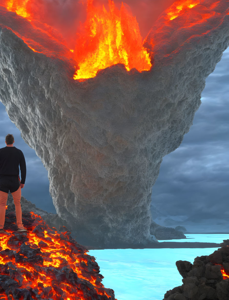 Person observing inverted volcanic eruption on rocky surface