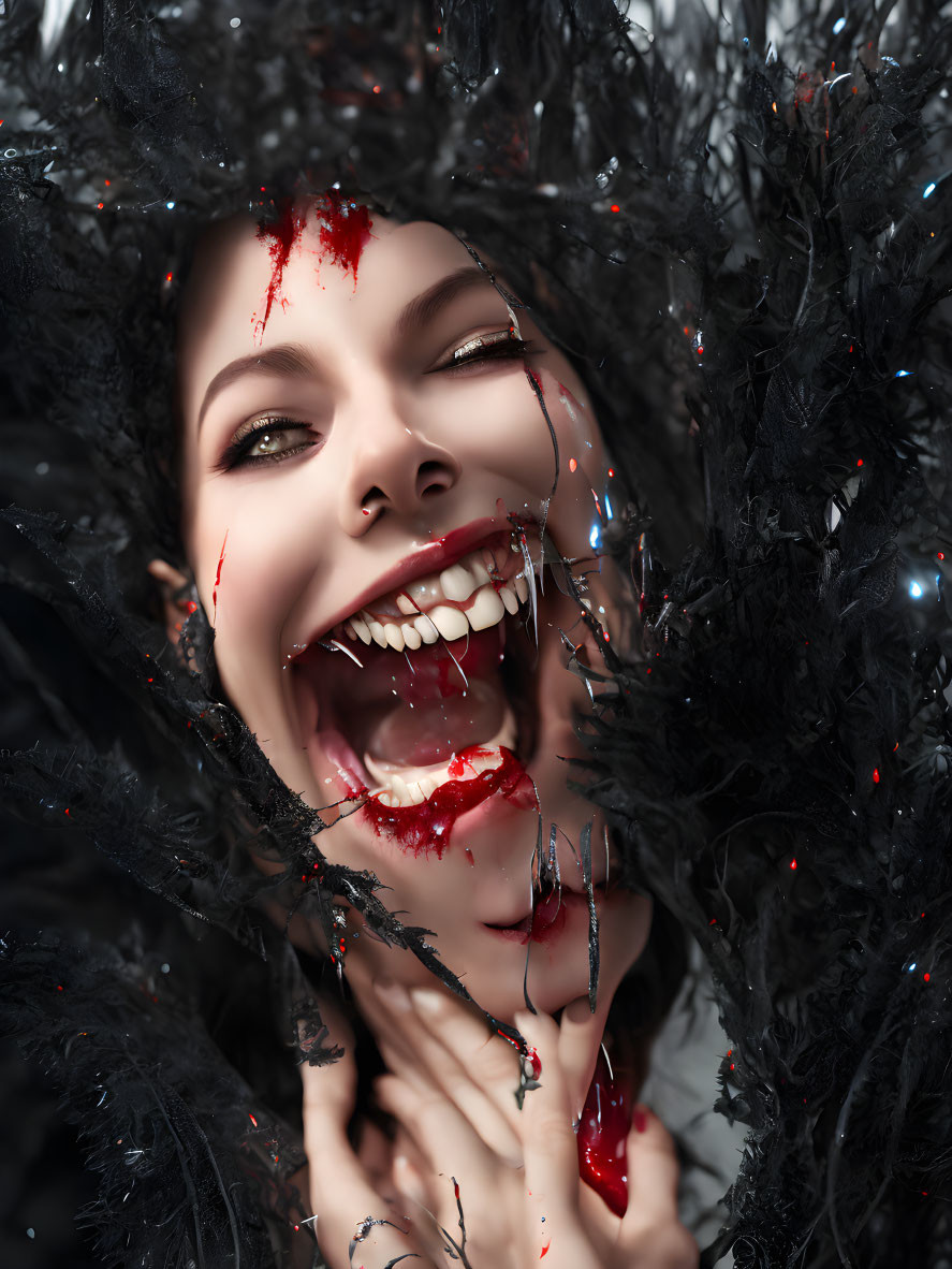 Dark makeup woman with red liquid on face smiling among feathery textures