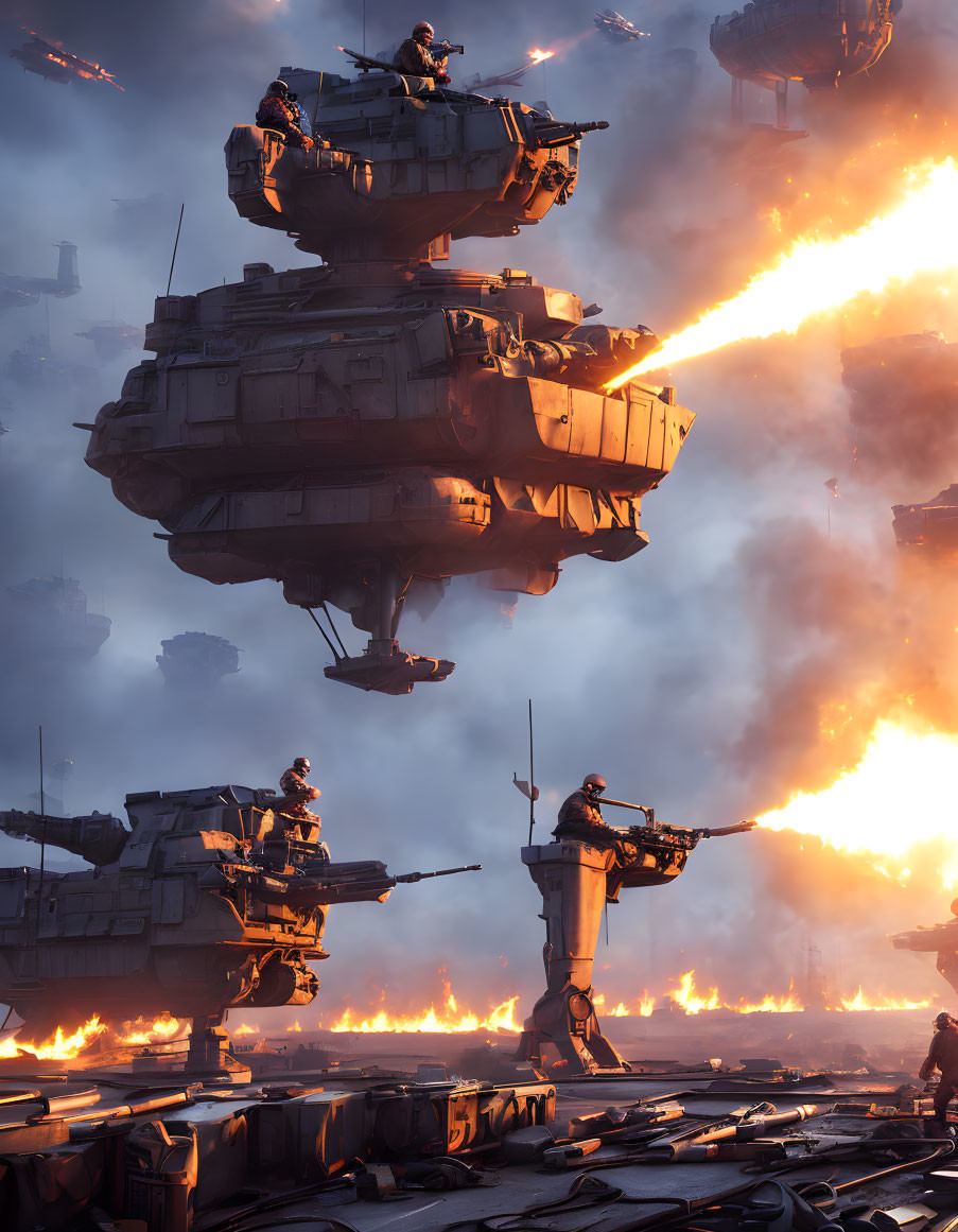 Futuristic war scene with towering battle mechs and explosions