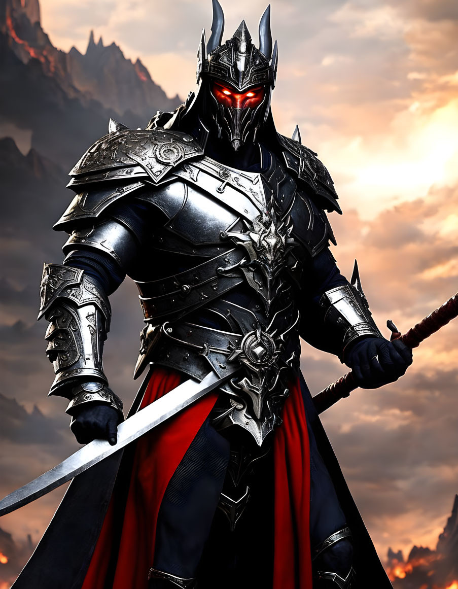 Dark Knight in Armor with Glowing Eyes and Sword Against Dramatic Sky