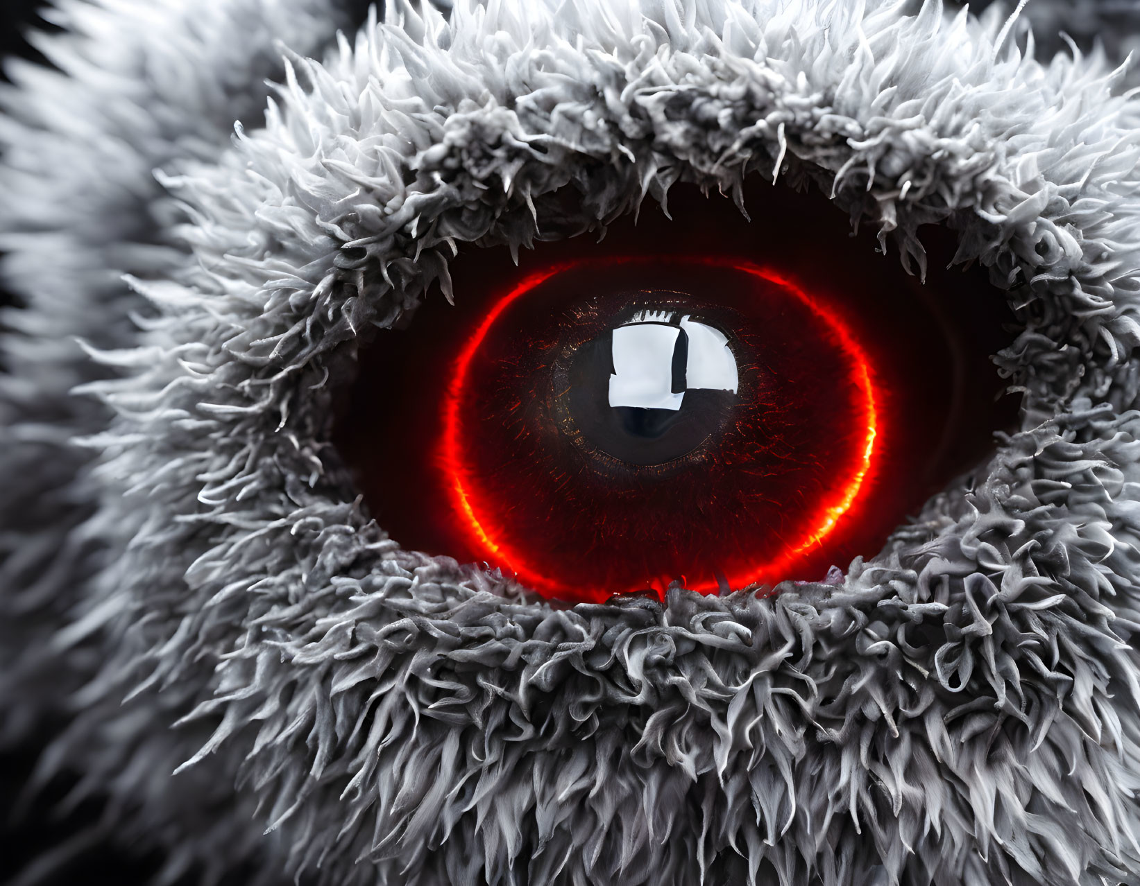 Detailed close-up of red illuminated eye in dense grey fibrous strands