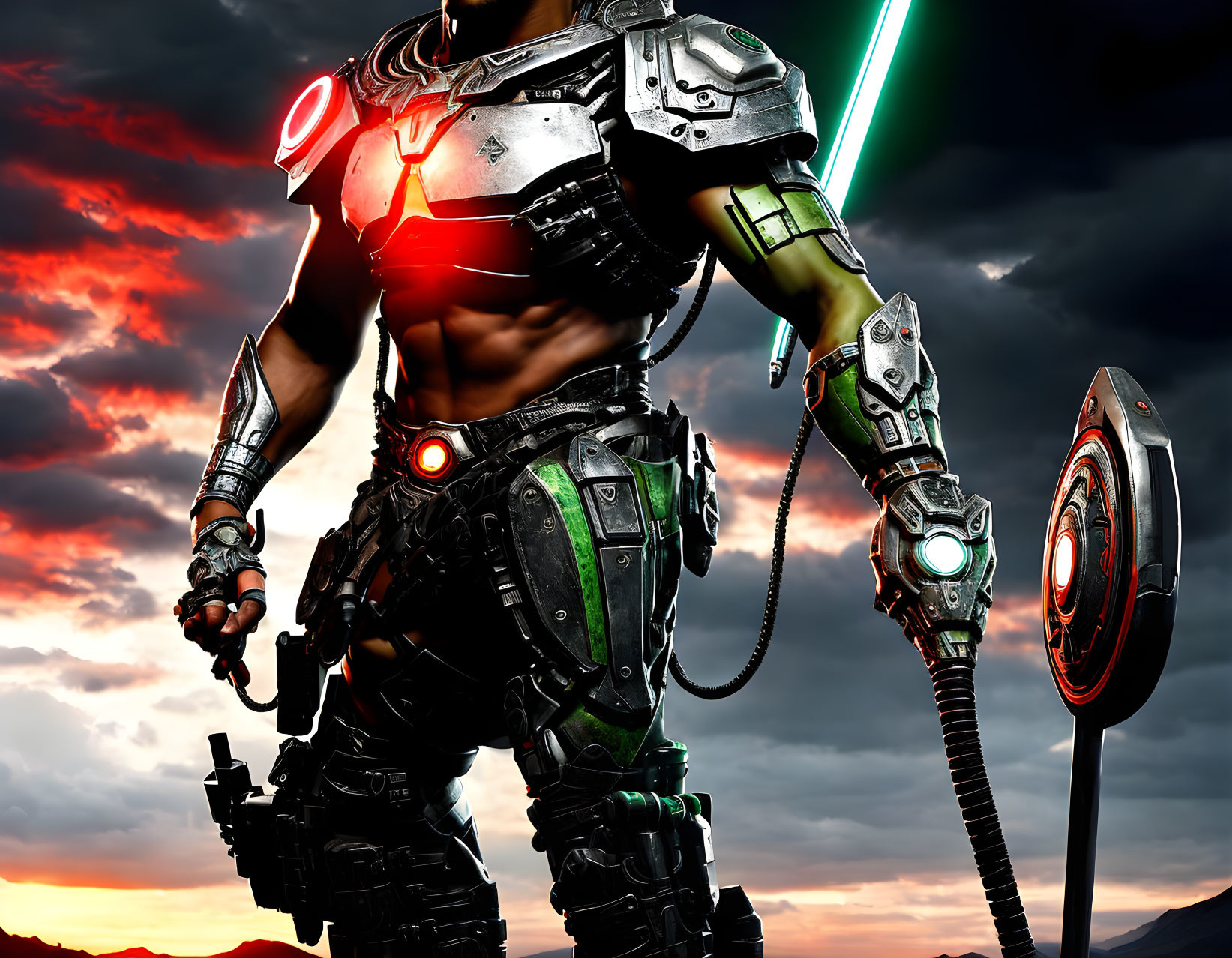 Muscular cyborg with glowing red elements holding a green lightsaber and shield against a dramatic sky.