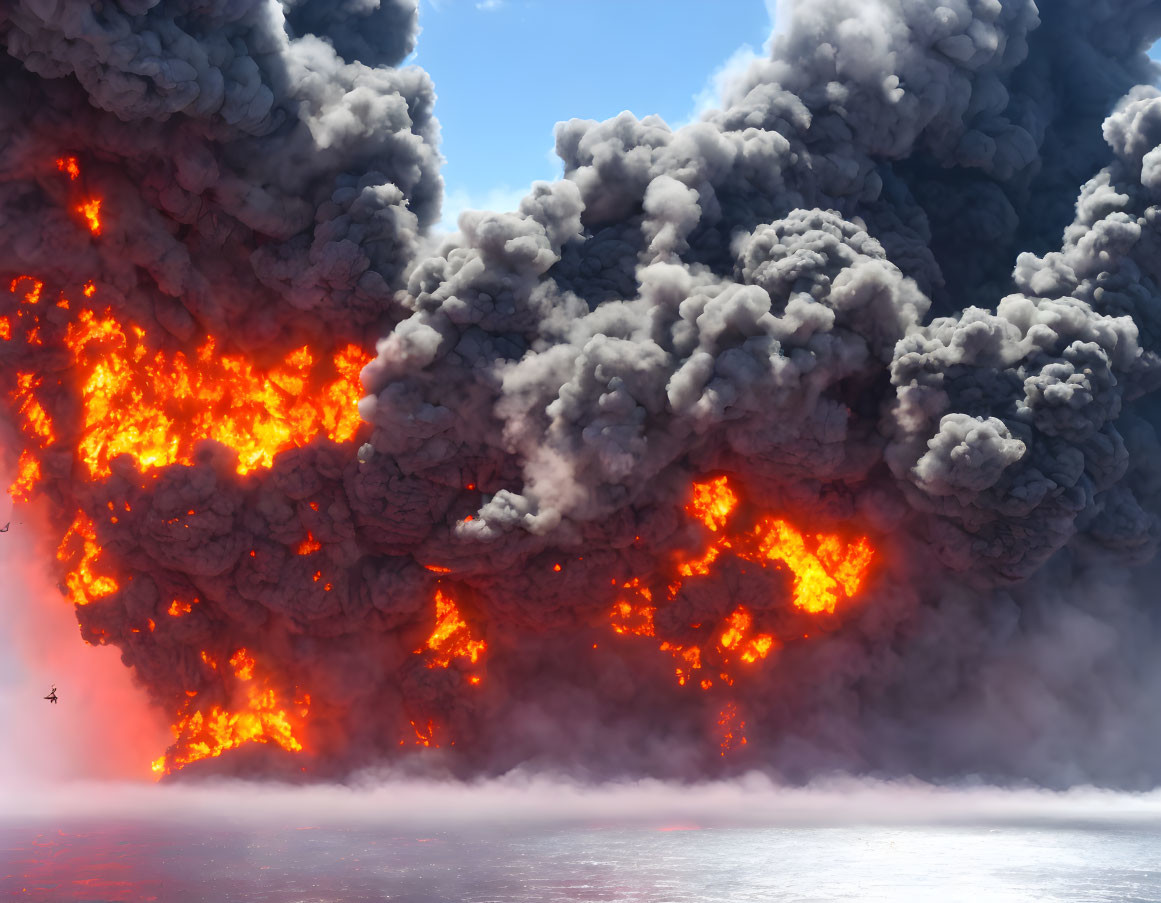 Volcanic eruption with fiery lava and ash clouds in bright sky