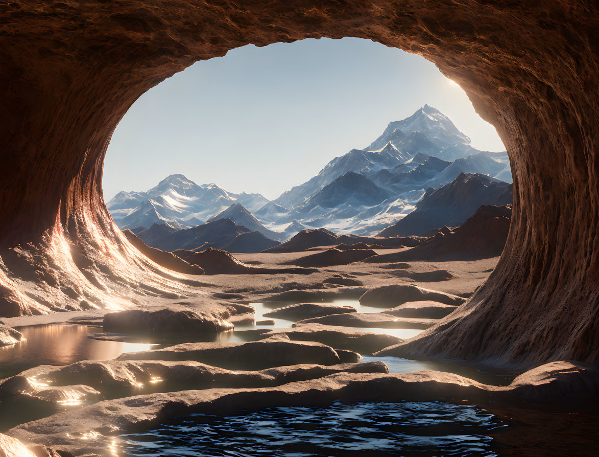 Mountainous Landscape with Reflective Water Seen from Cave Opening