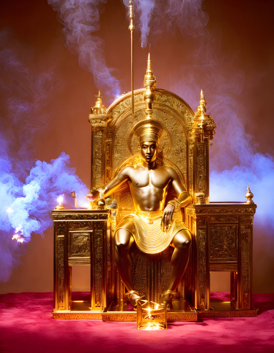 Golden seated figure sculpture on ornate throne with blue smoke on pink backdrop