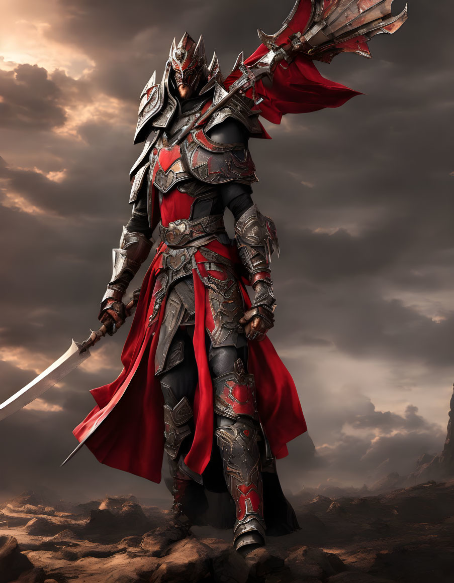 Armored warrior with sword and axe against stormy sky