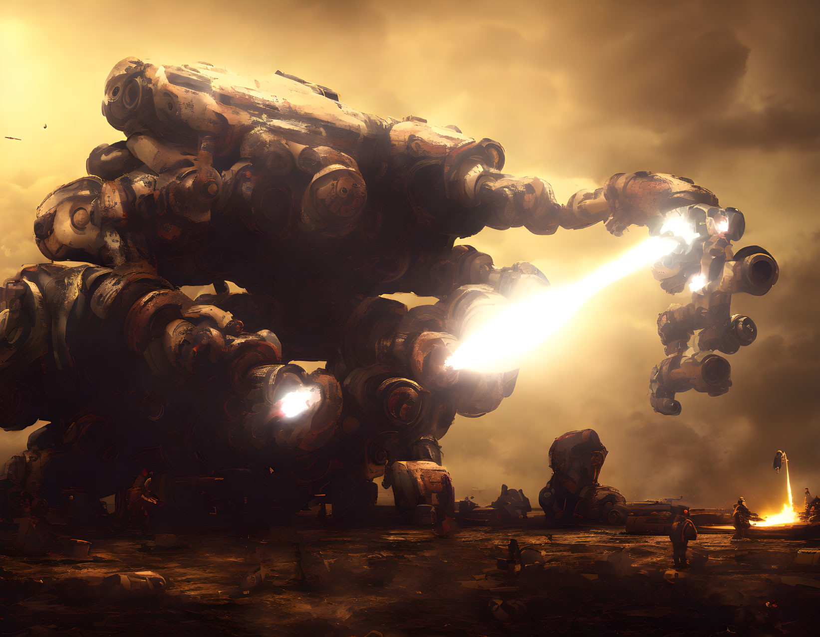 Gigantic multi-armed robot shoots energy beam in apocalyptic wasteland