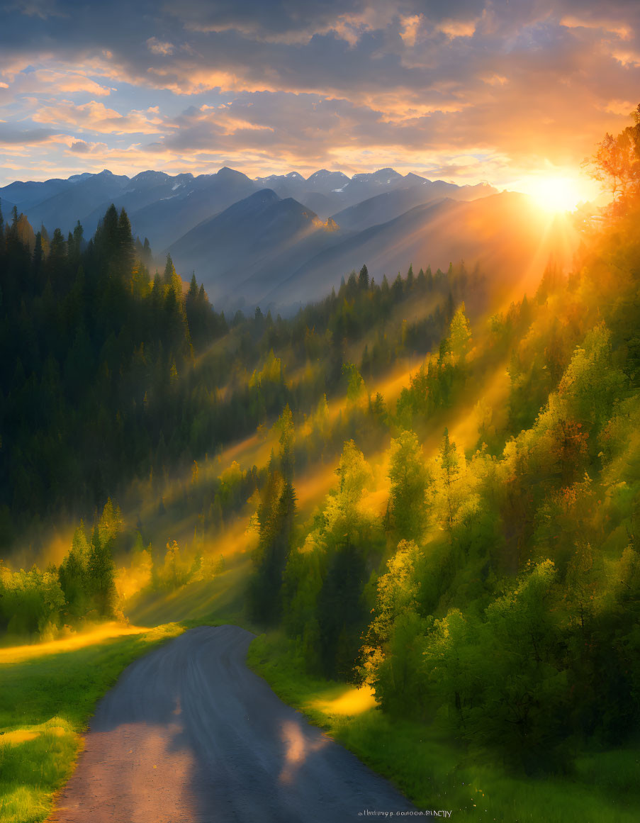 Forest mountain landscape at sunset with light rays and winding road