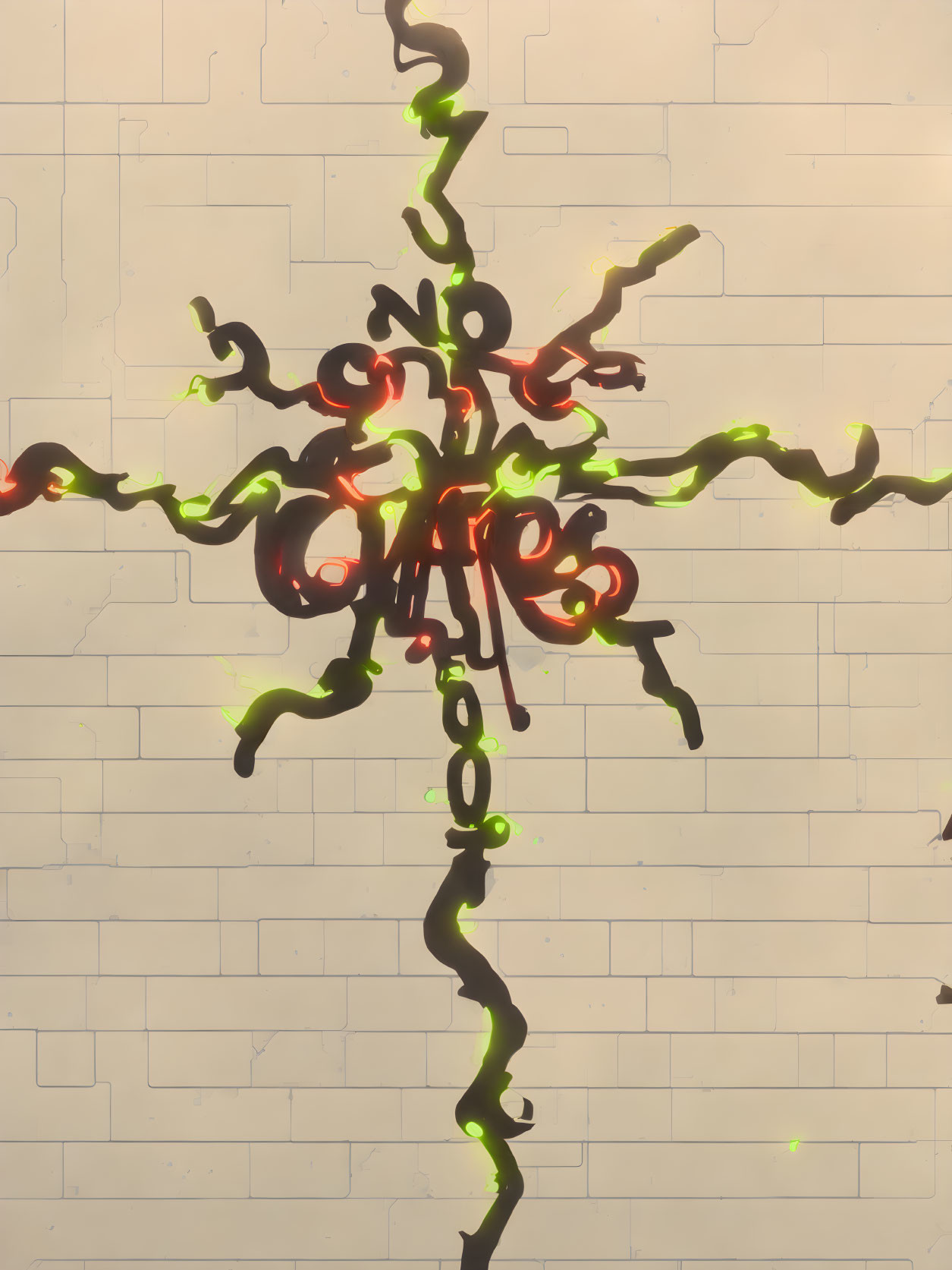 Abstract Neon Light Installation: Red and Green Glowing Tree or Neuron on Pale Tiled Wall