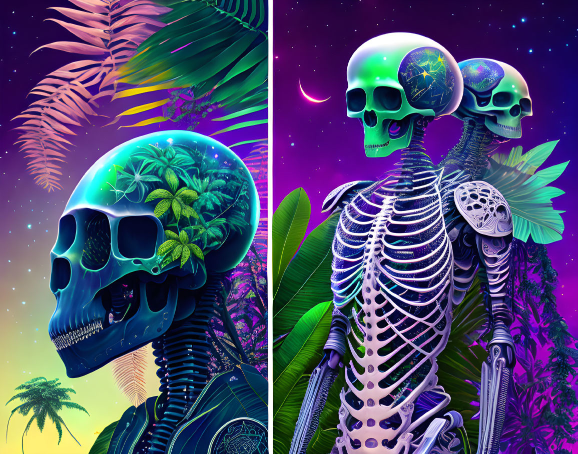 Colorful Skeleton Artwork Featuring Plant-Filled Skulls