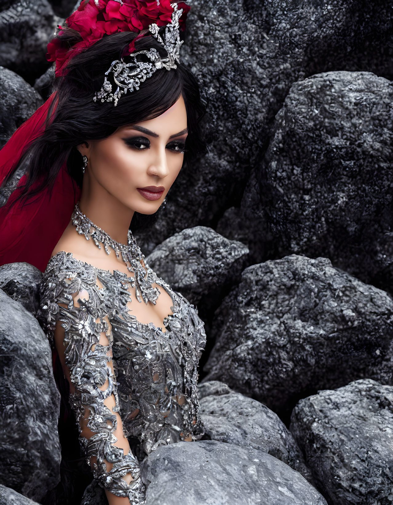 Woman with dark hair in red headpiece and silver crown poses in detailed gown on rocky terrain