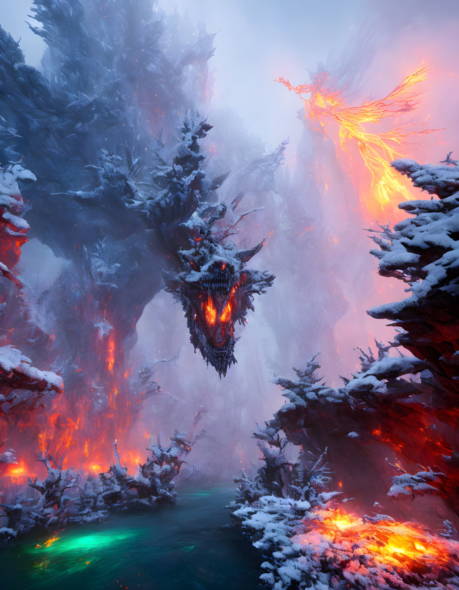 Icy Landscape with Fiery Dragon Creature in Snow-covered Trees