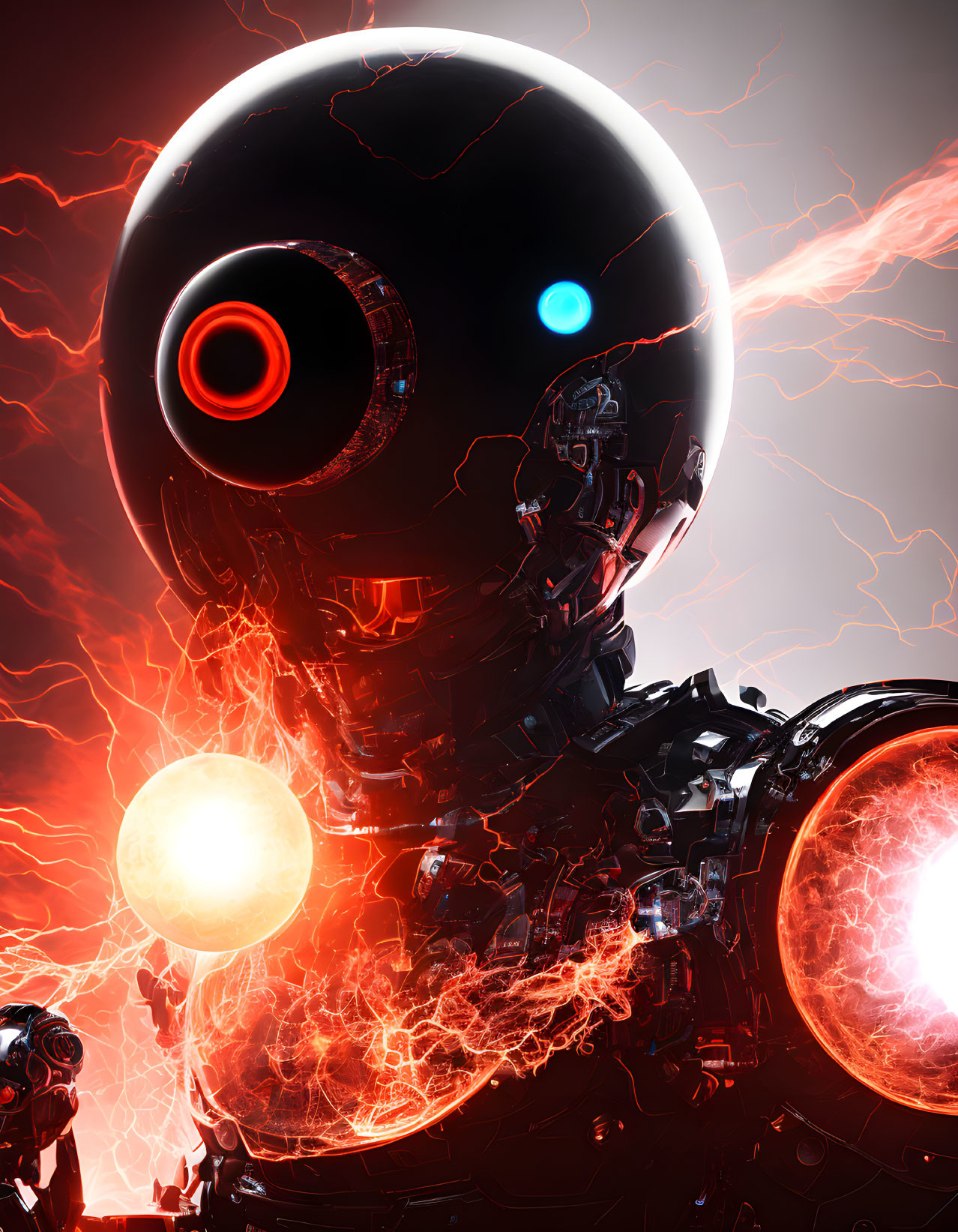 Futuristic robotic figure with black spherical head, red and blue eyes, orange energy veins on red