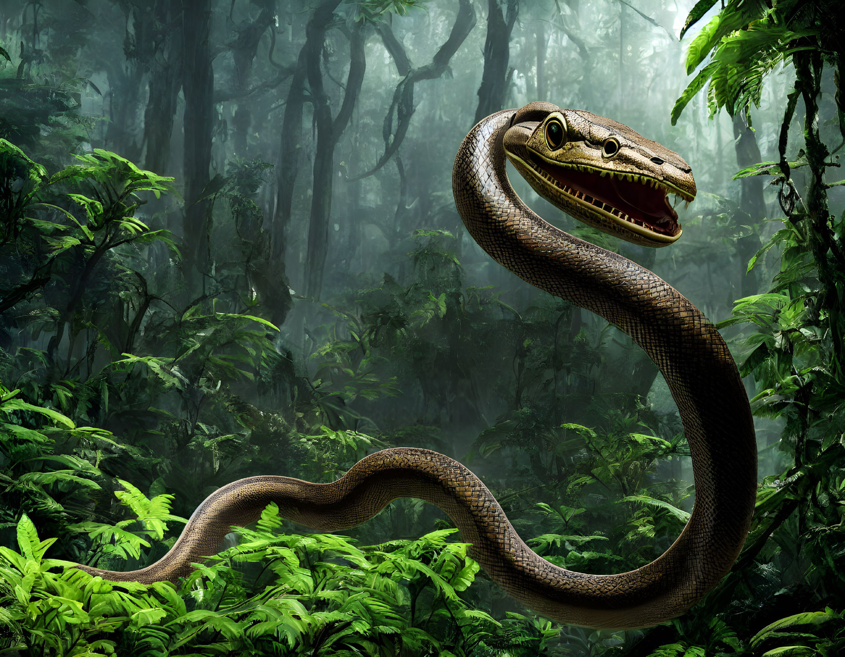 Large Snake with Dinosaur-like Head Coiled in Lush Green Ferns