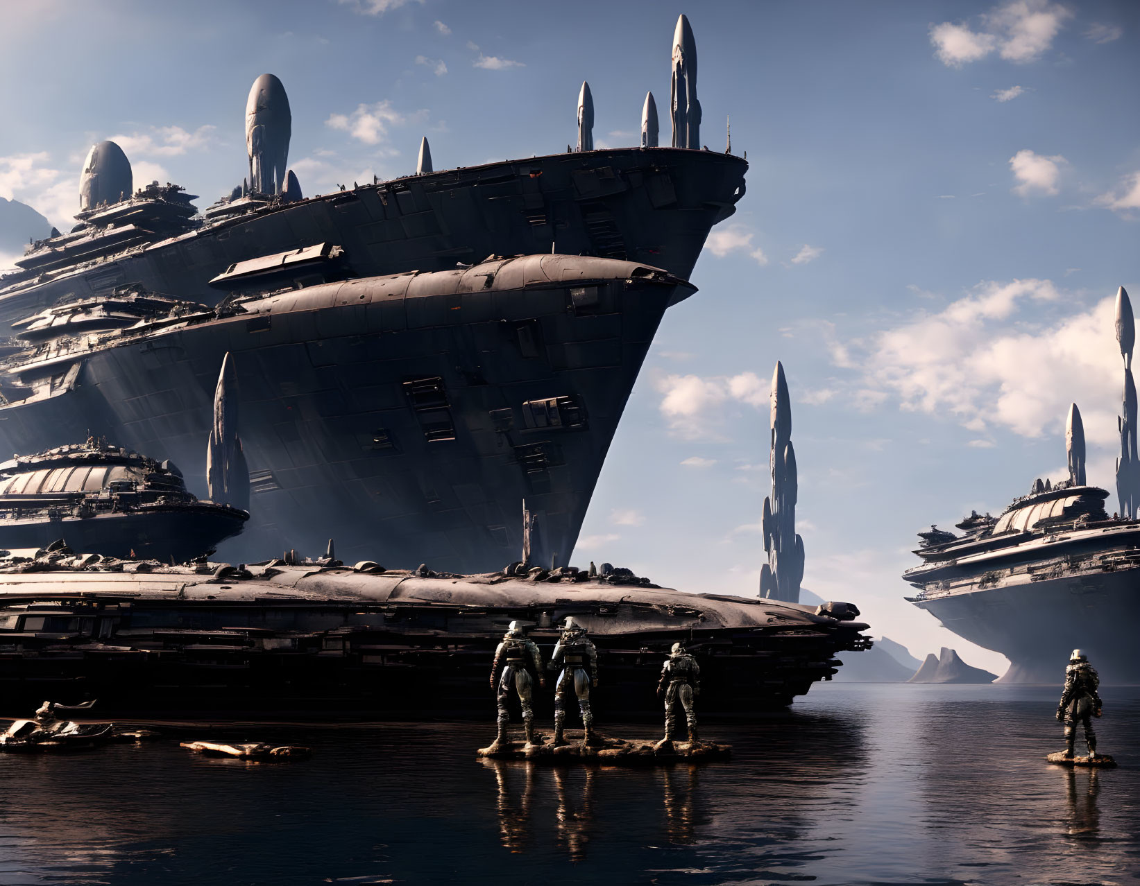 Futuristic vessels and figures by towering spires under a serene blue sky