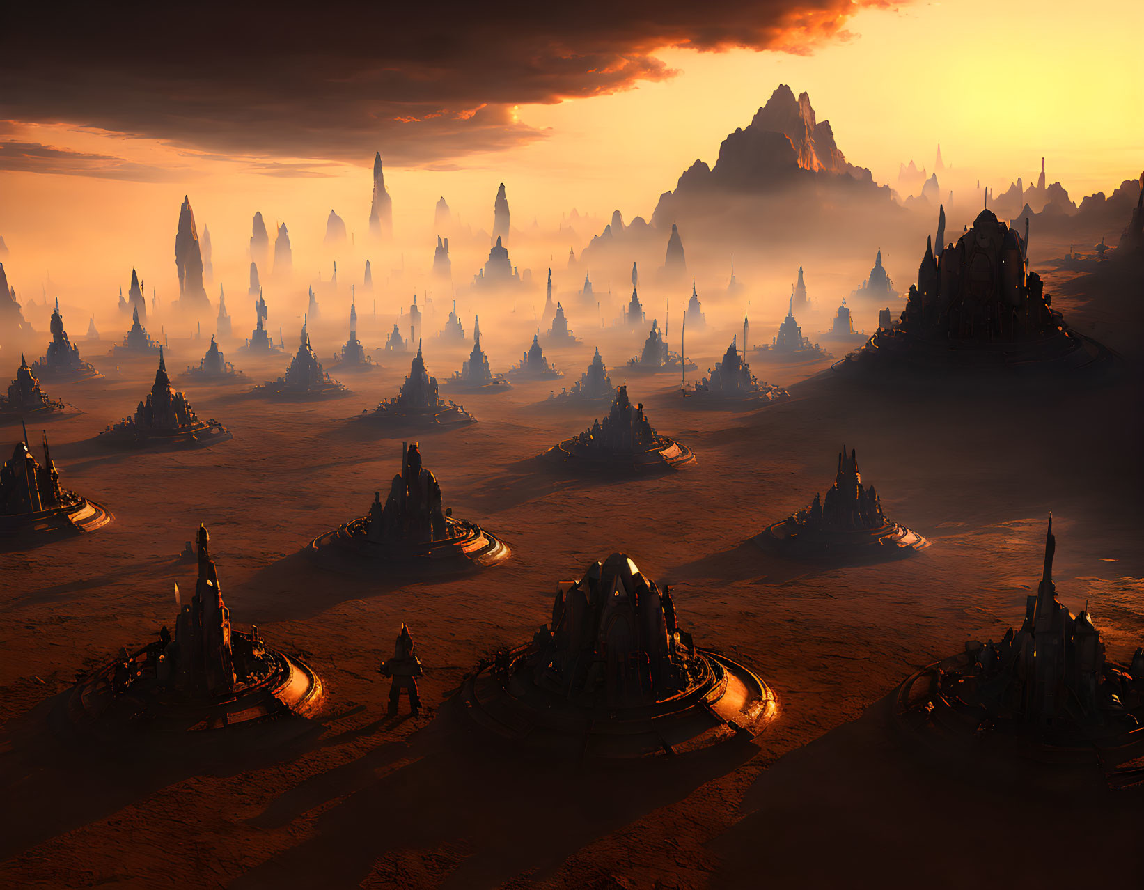 Fantasy landscape at sunset with spires, mountains, and mysterious structures