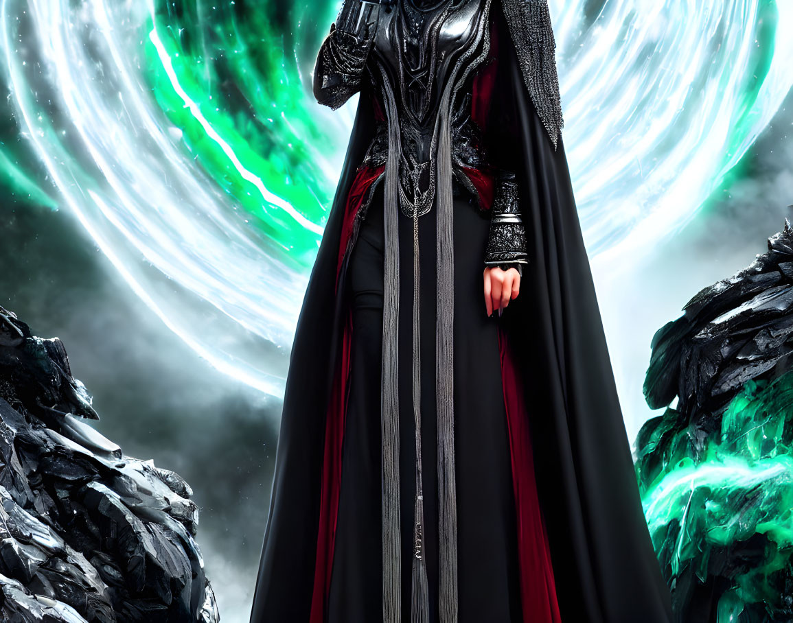 Person in Black Robe in Front of Swirling Green Cosmic Background