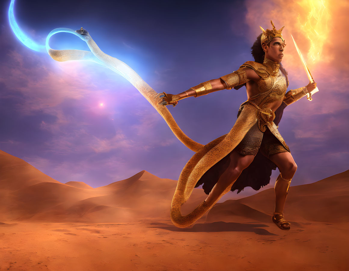 Golden-armored warrior wields fiery whip in desert setting