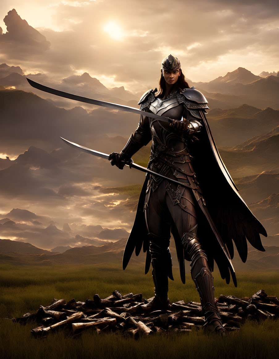 Warrior in Ornate Black Armor with Drawn Sword Against Mountainous Backdrop