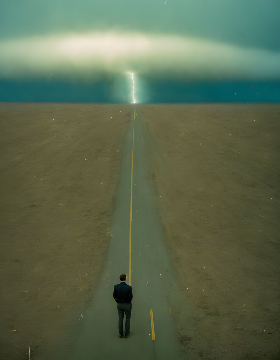 Solitary figure on deserted road under dramatic sky with lightning