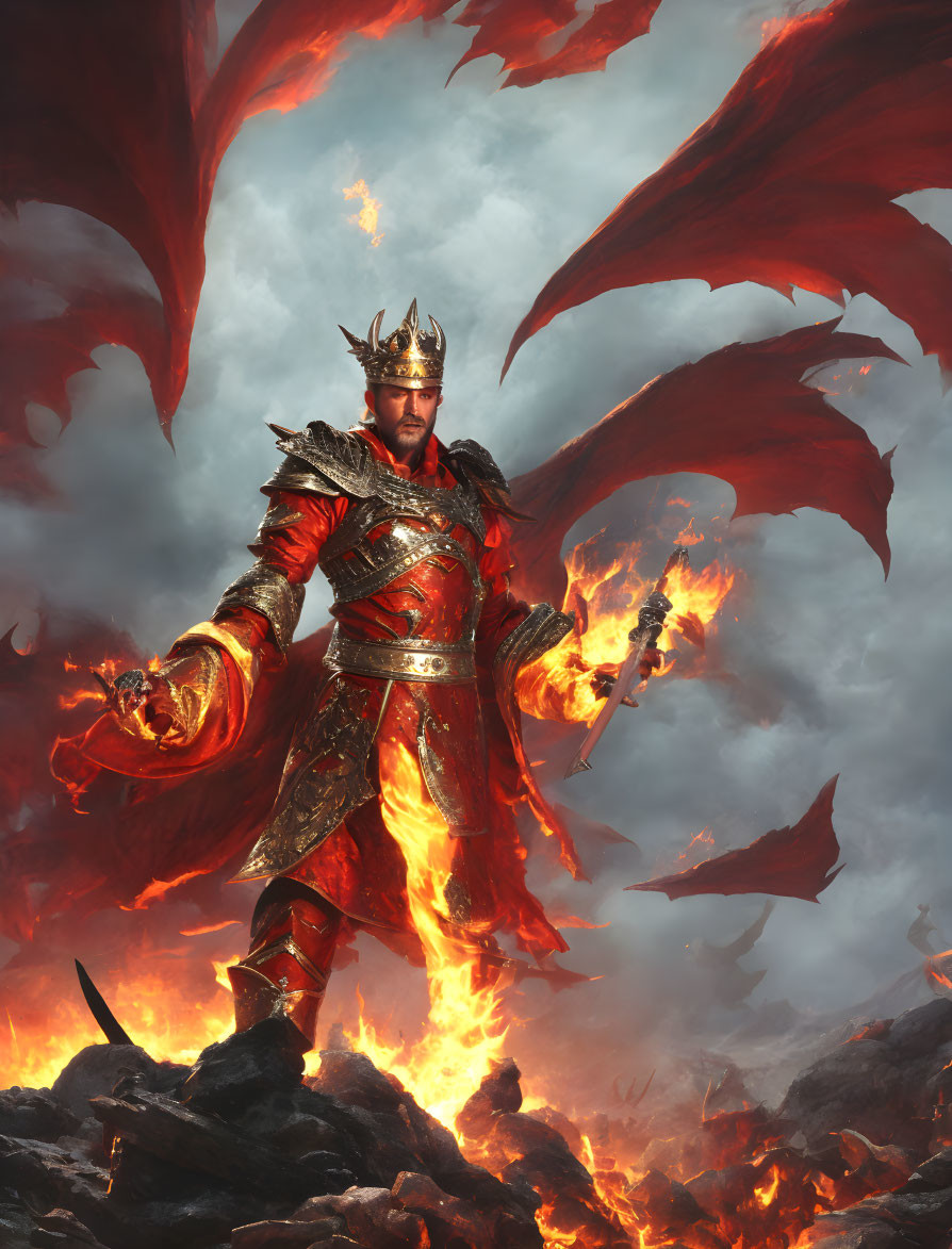 Majestic king in red and gold armor with fiery sword in blazing inferno