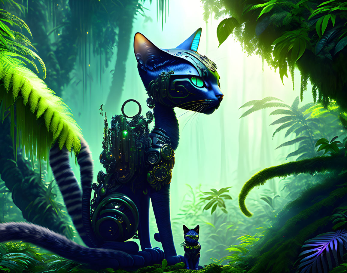 Digital Art: Large Blue Mechanical Cat & Smaller Companion in Lush Green Jungle