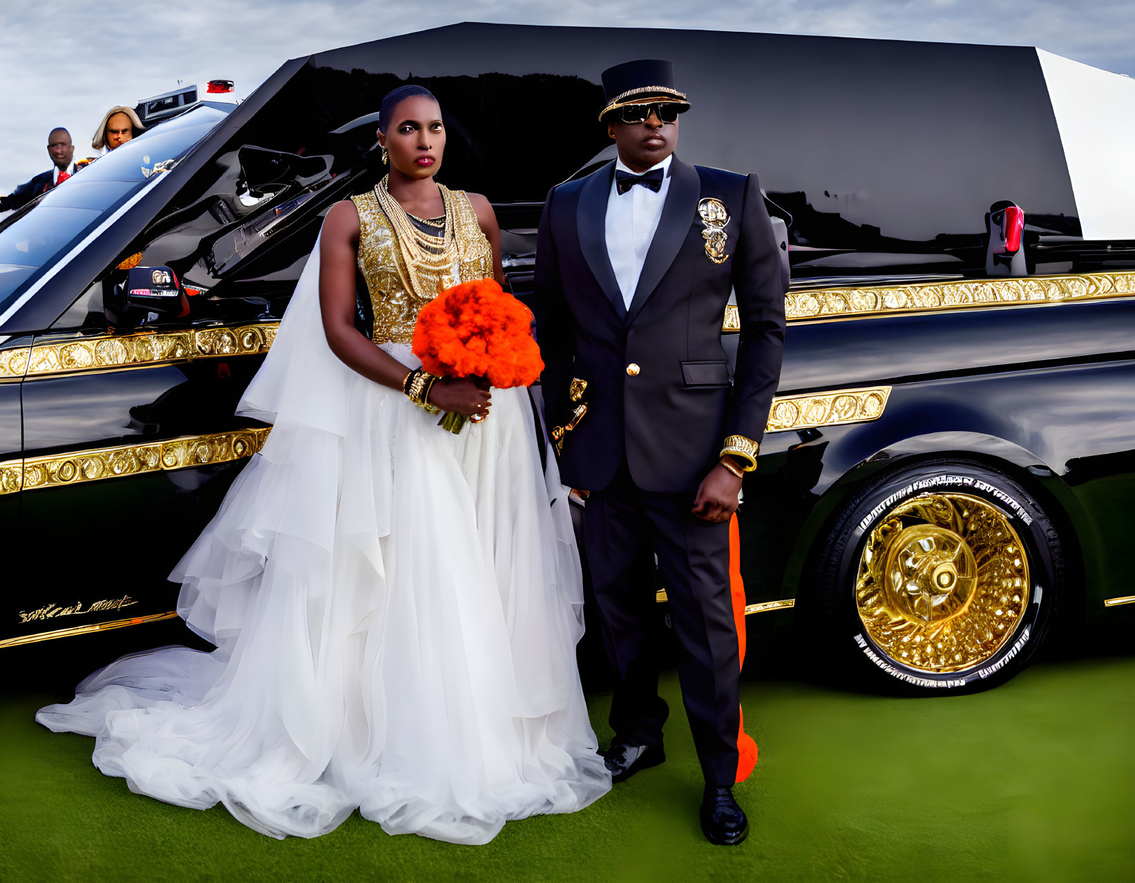 Bride and Groom in White and Black Outfits by Black and Gold Car