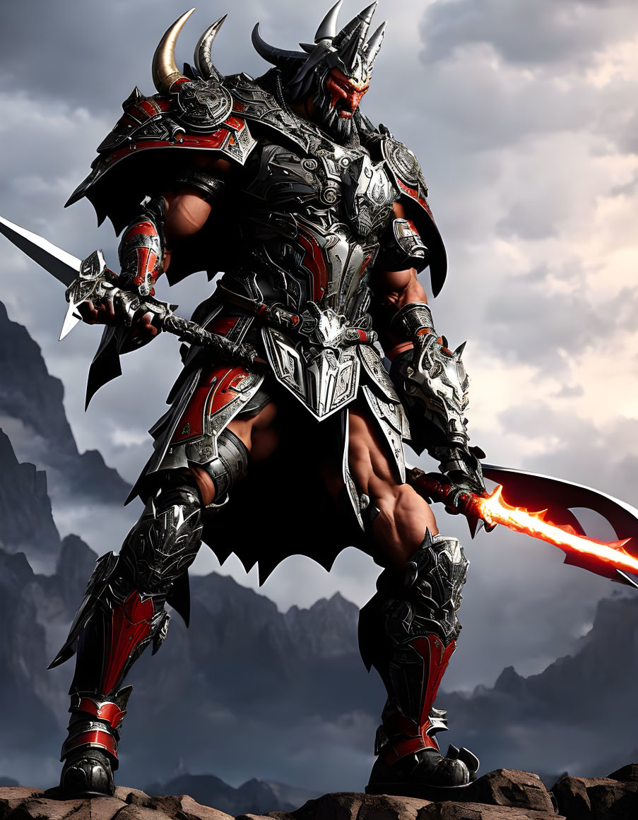 Digital artwork of menacing warrior in ornate armor with flaming sword, set against mountainous backdrop