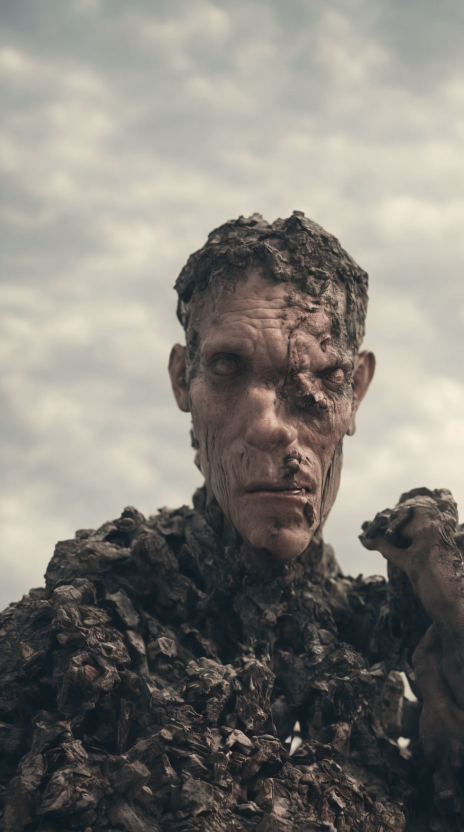 Rocky Textured Figure with Intense Gaze on Cloudy Sky Background