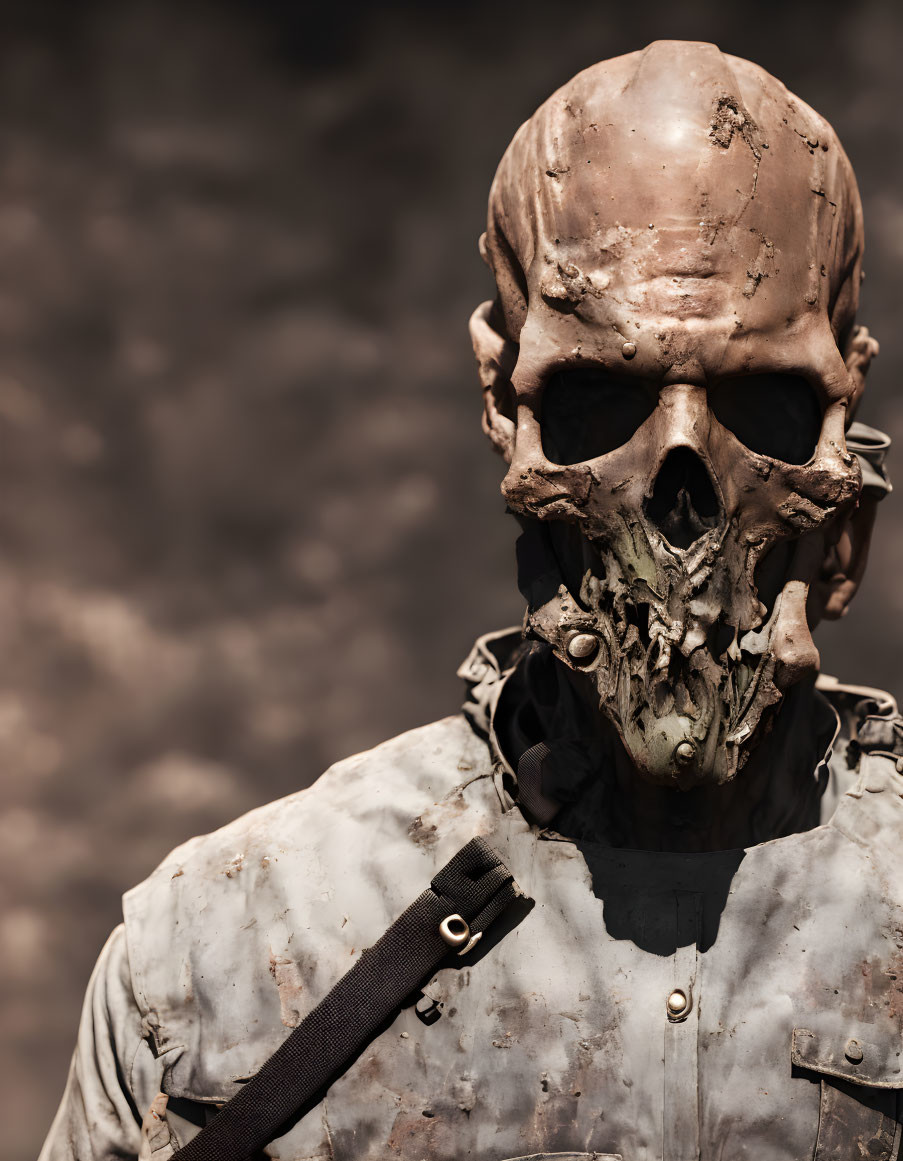 Damaged skull-like mask on person's face against blurry background symbolizes post-apocalyptic theme