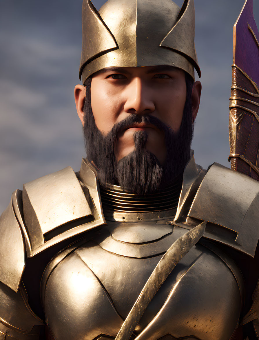 Warrior in Golden Armor with Beard on Clouded Sky