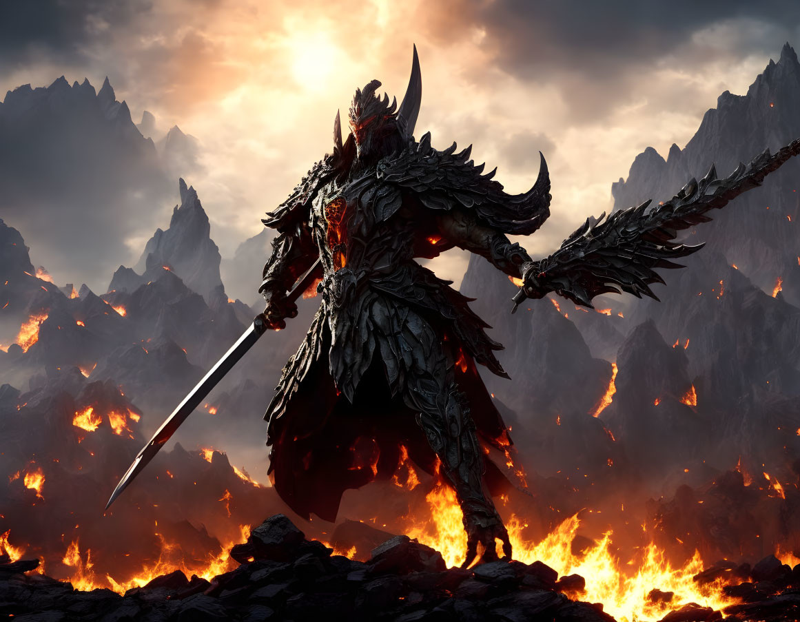 Armored warrior with glowing red accents in fiery volcanic landscape