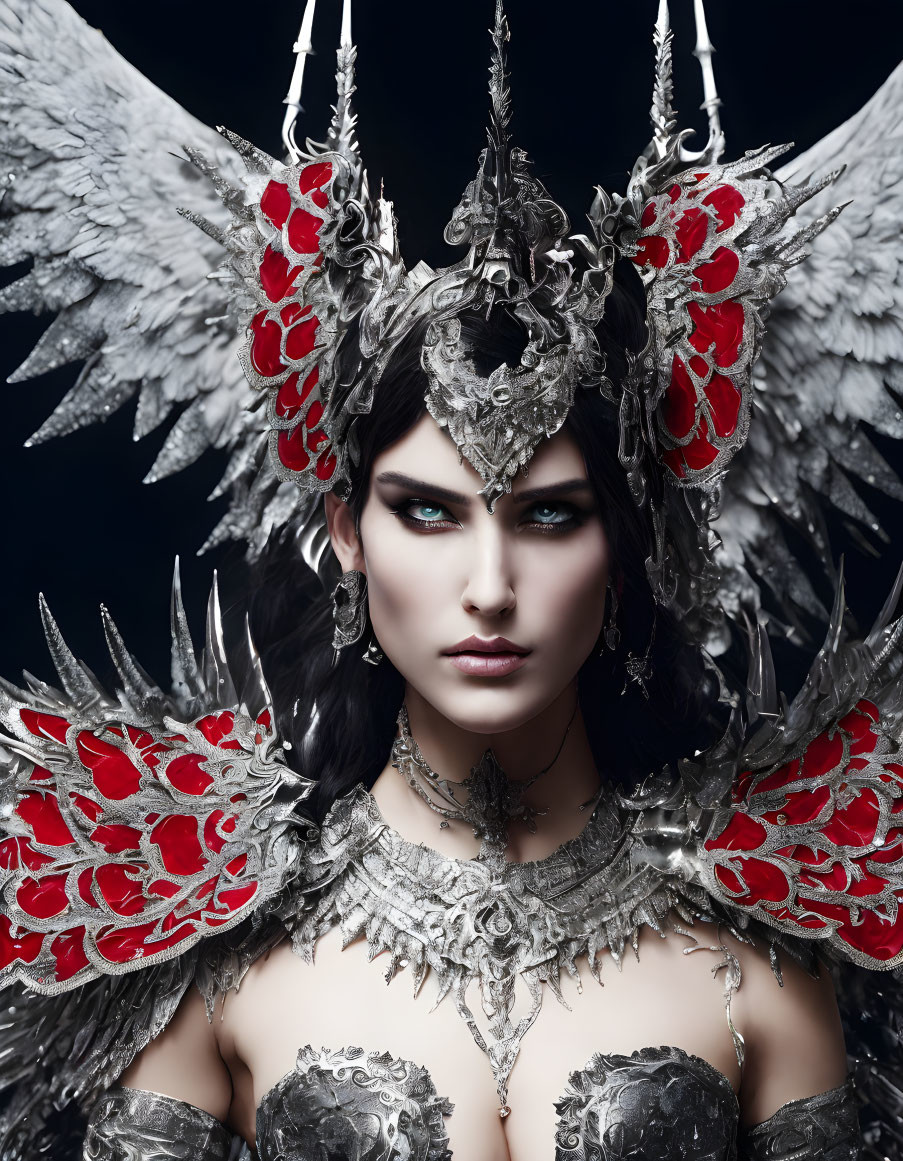 Person with dramatic makeup in ornate silver headpiece and red jewel shoulder armor with white feathered wings