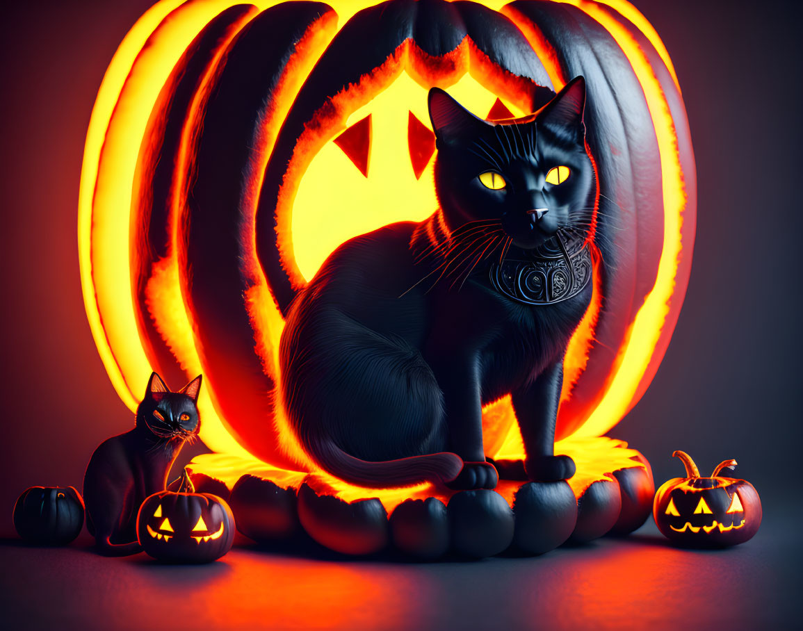 Black Cat with Luminous Eyes and Glowing Pumpkin Scene