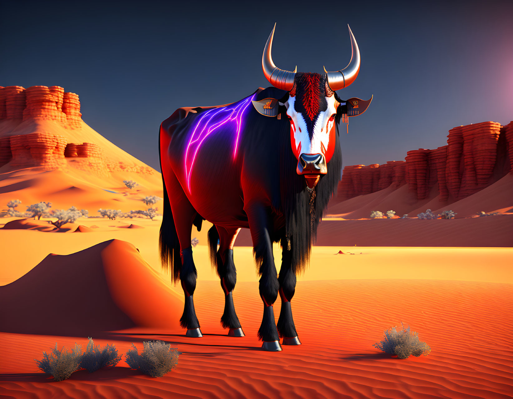 Digital stylized image: Bull with neon stripes in desert landscape