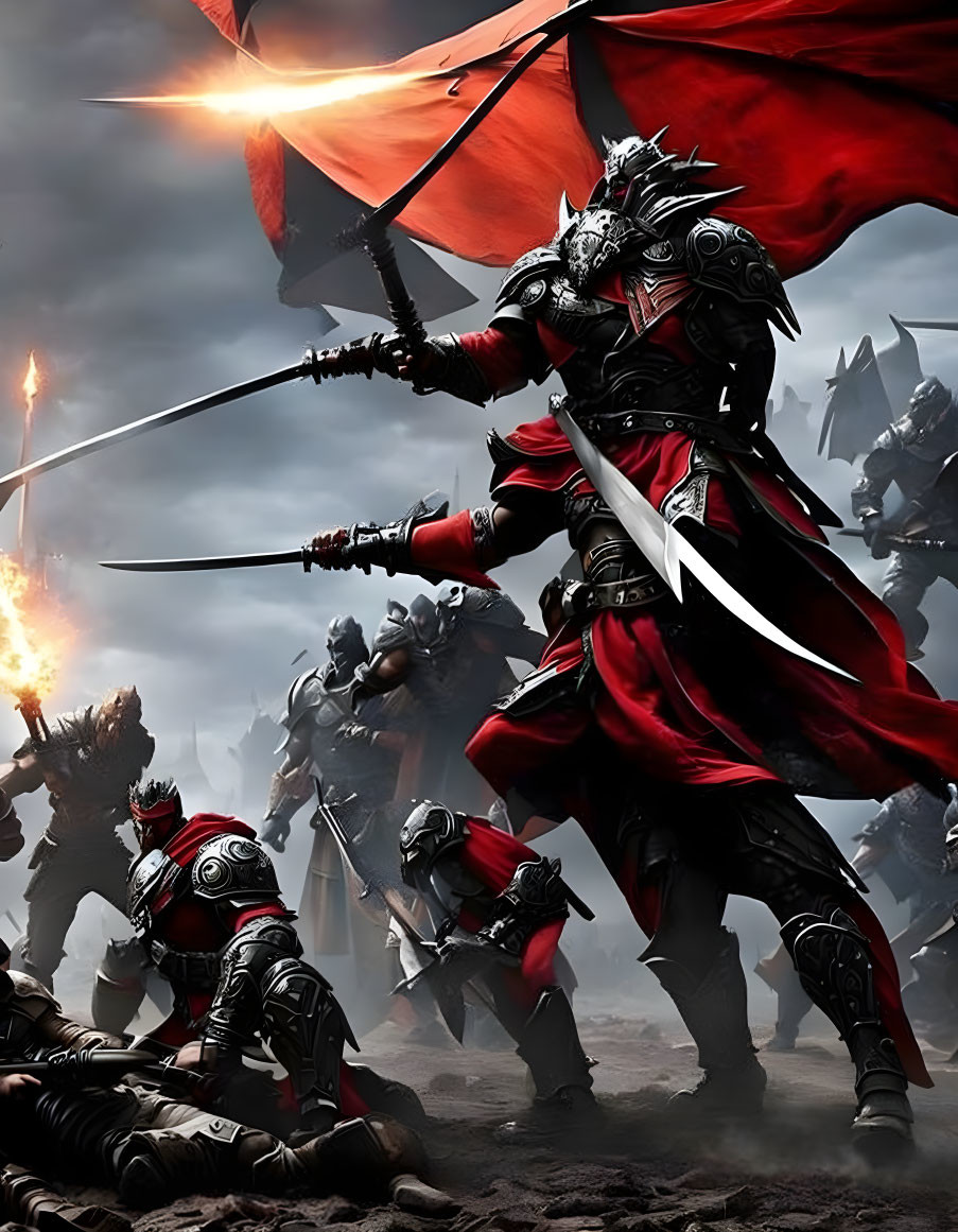 Warriors in Black and Red Armor Ready for Battle in Gloomy Setting