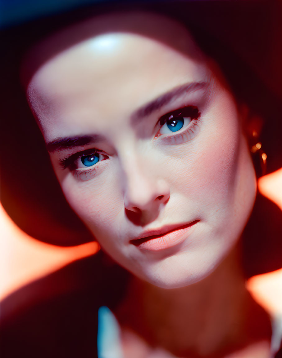 Portrait of a person with striking eyes and hat under warm backlighting