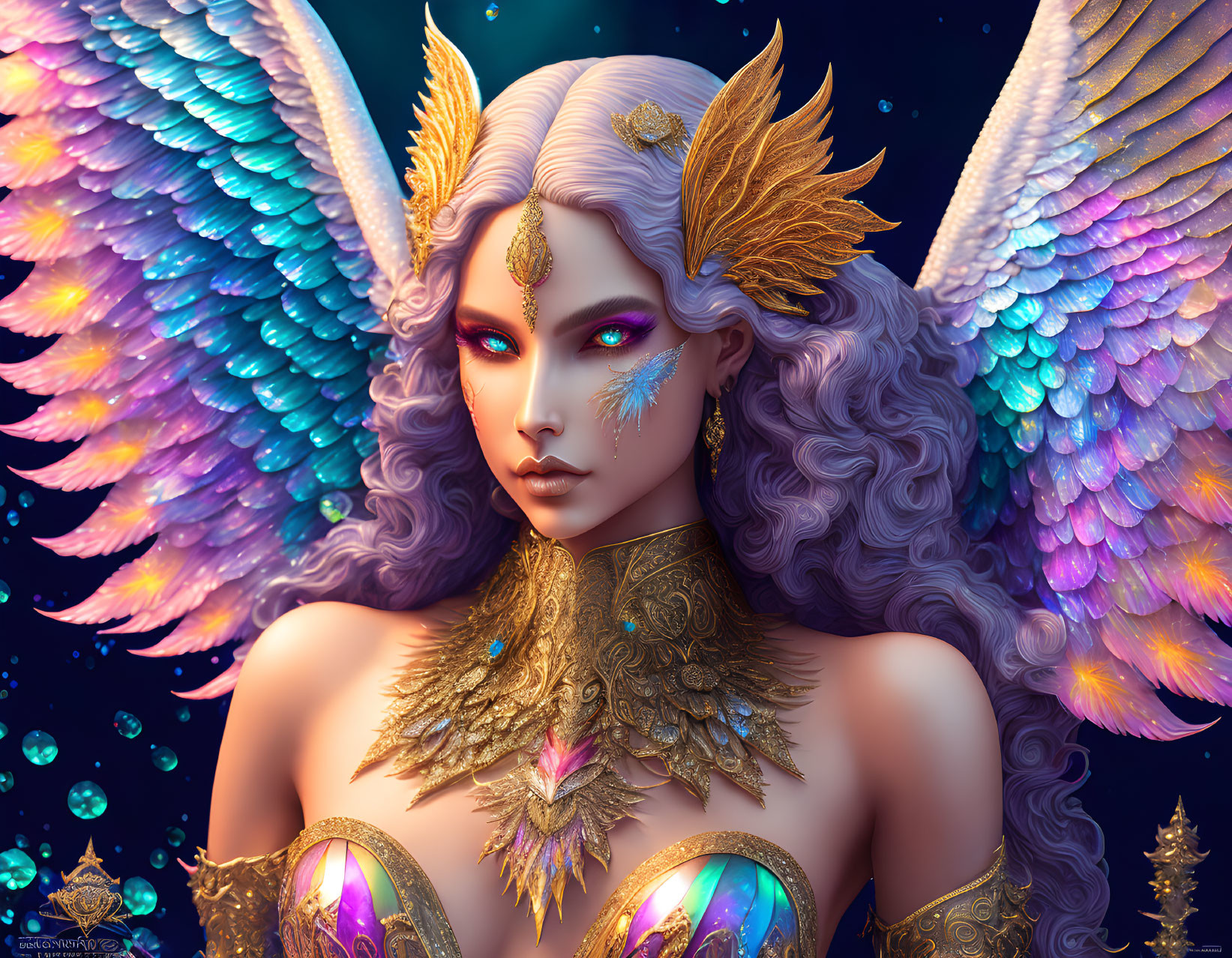 Fantasy illustration of woman with purple skin, multicolored wings, golden armor