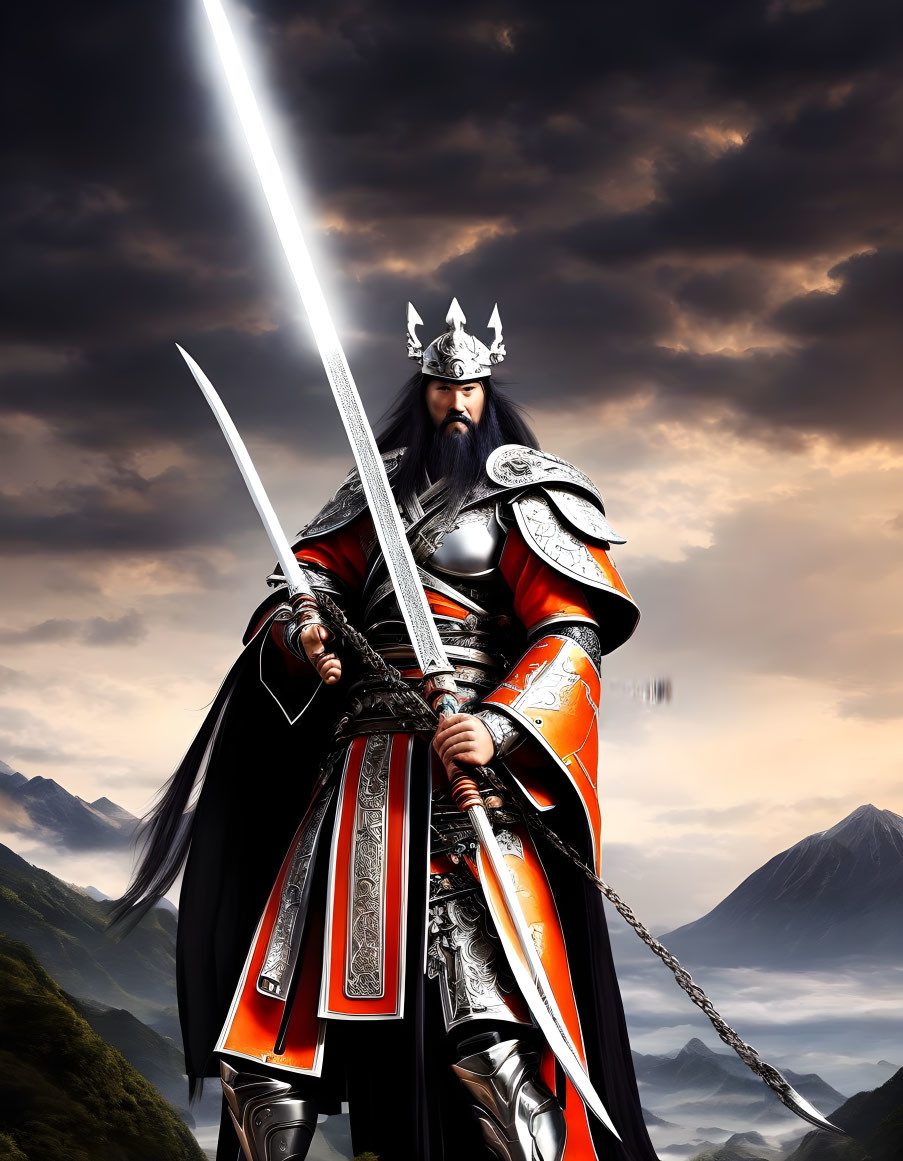 Regal warrior in ornate armor with crown and longsword against mountainous backdrop