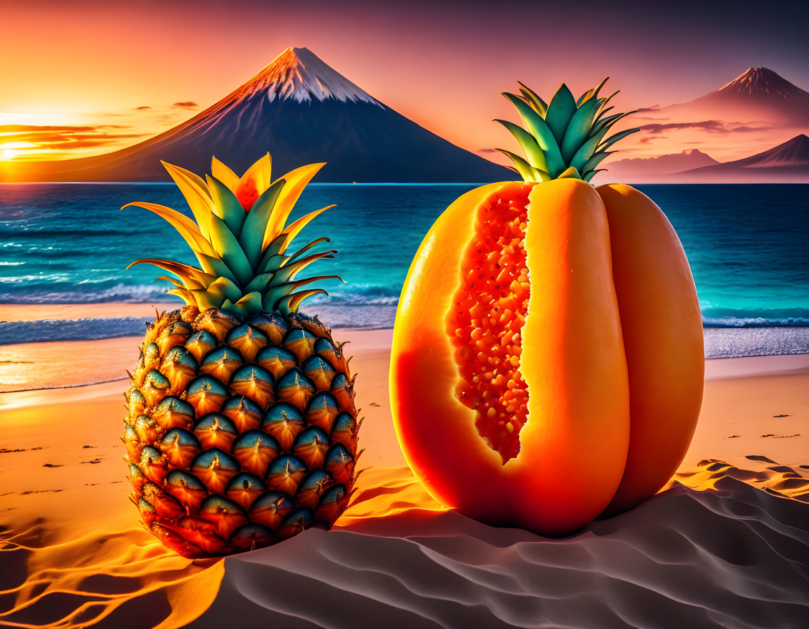 Scenic sunset beach view with Mount Fuji and tropical fruits