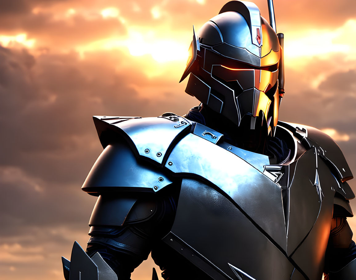 Futuristic knight in metallic armor against orange sky