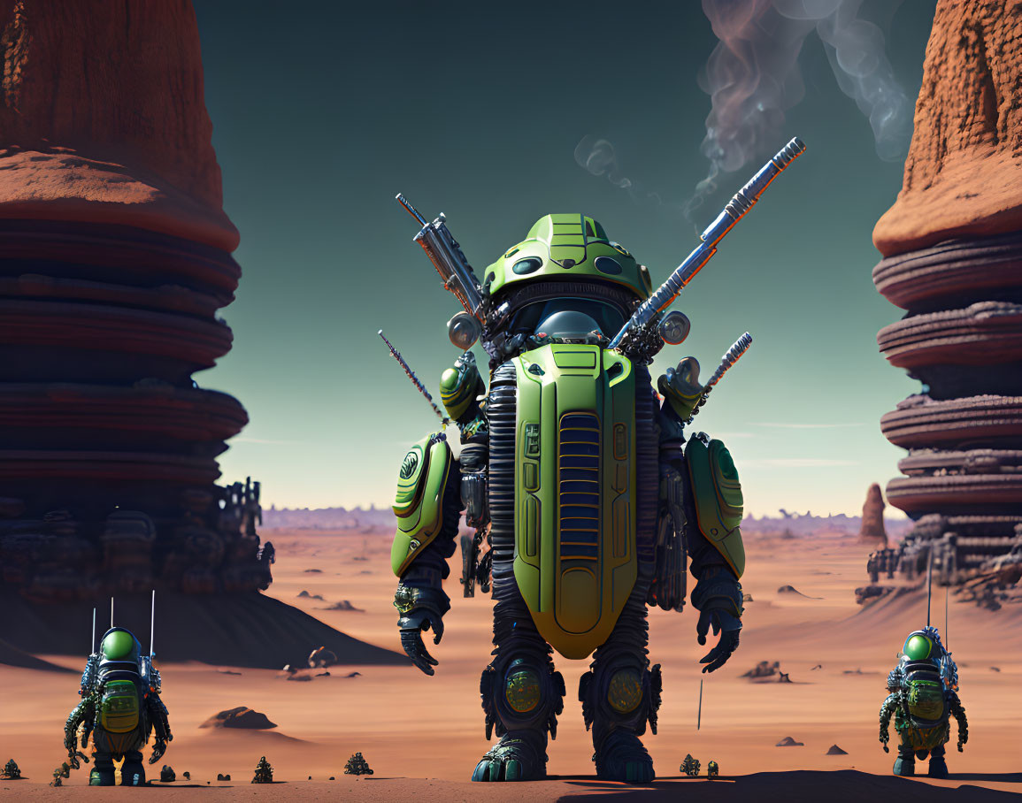 Futuristic robots in green and yellow with weapons in desert landscape