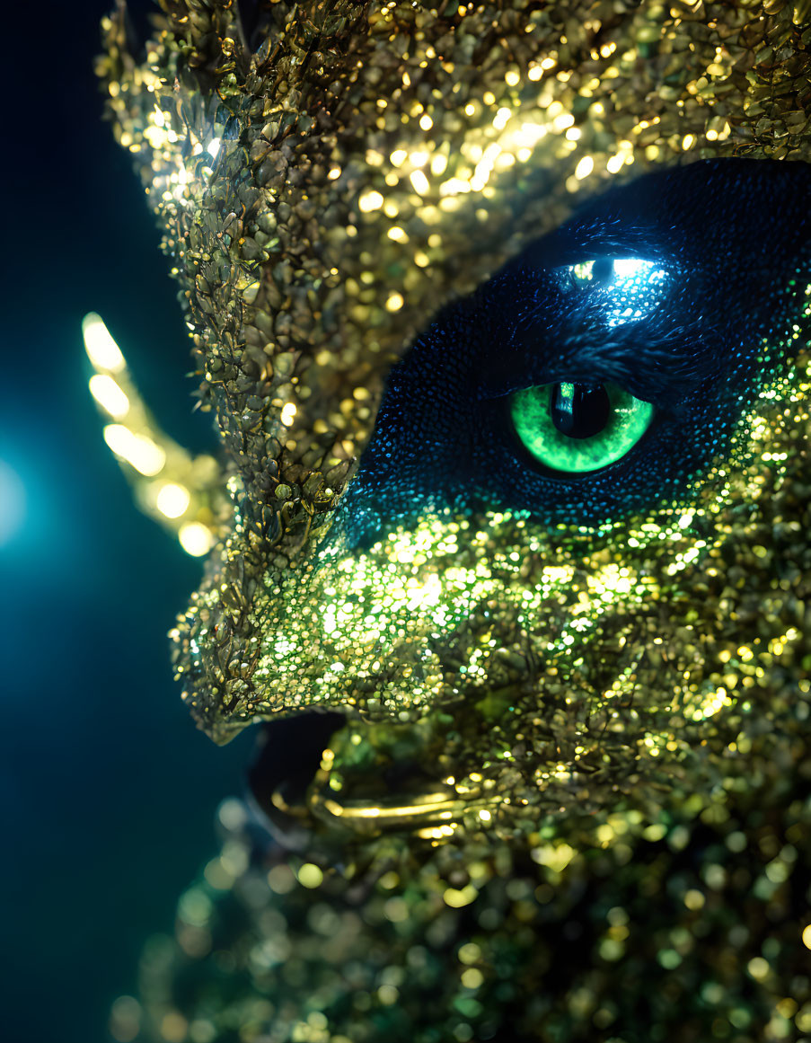 Sparkling golden mask with green eye on dark background