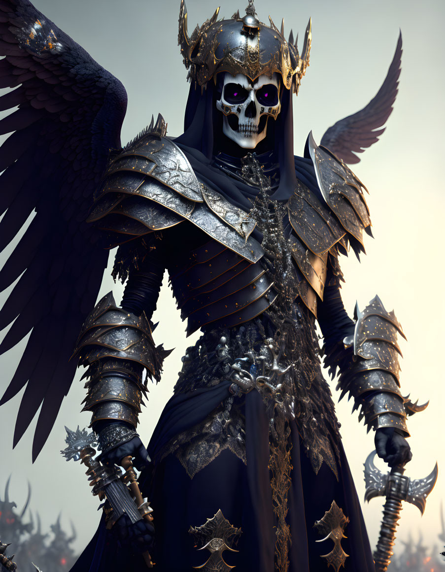 Menacing figure in black armor with skull motif, holding sword and staff, with black bird.