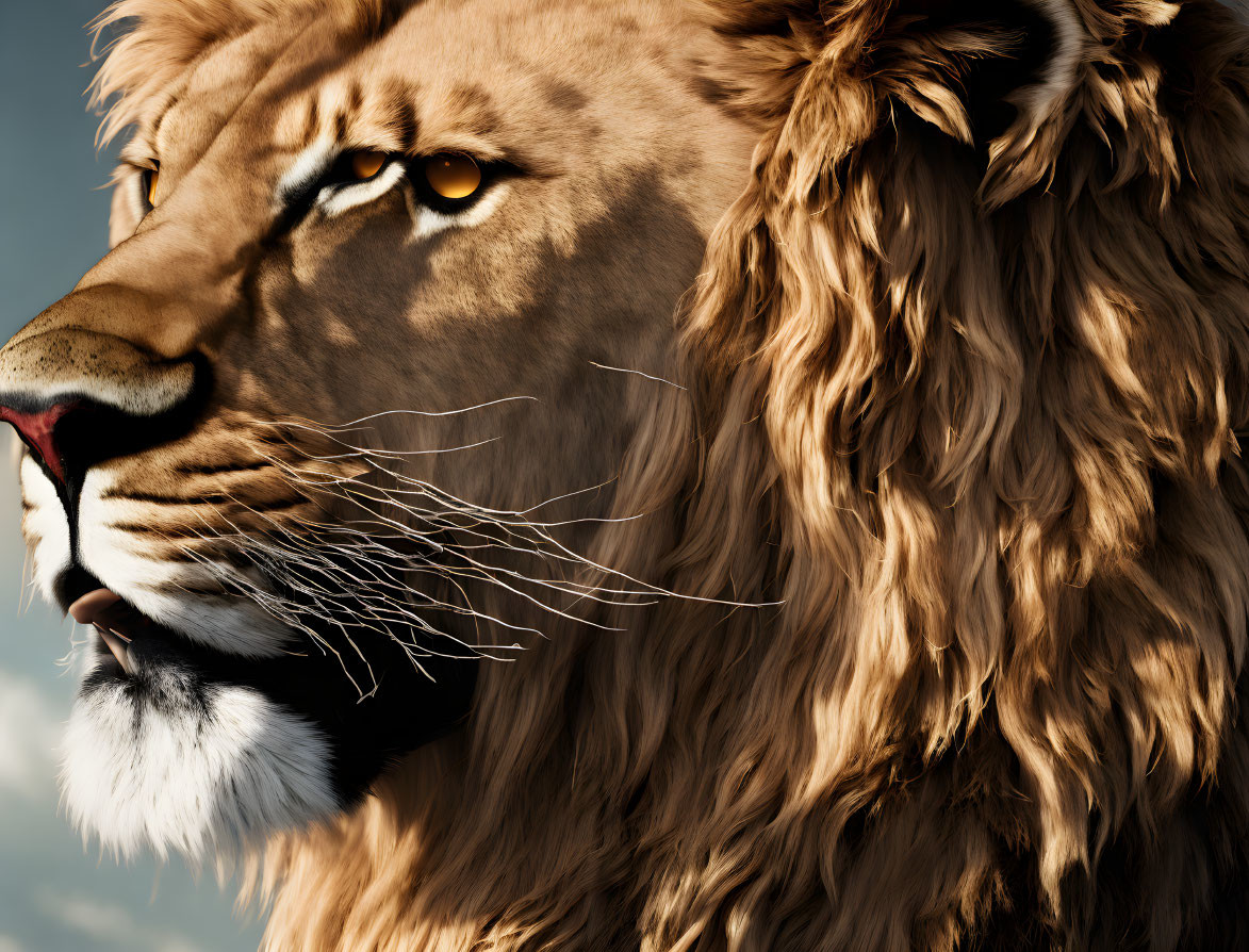 Detailed Lion Face with Fur and Mane Against Cloudy Sky