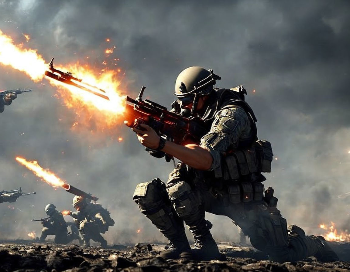 Soldier in combat gear fires rifle in explosive battle scene