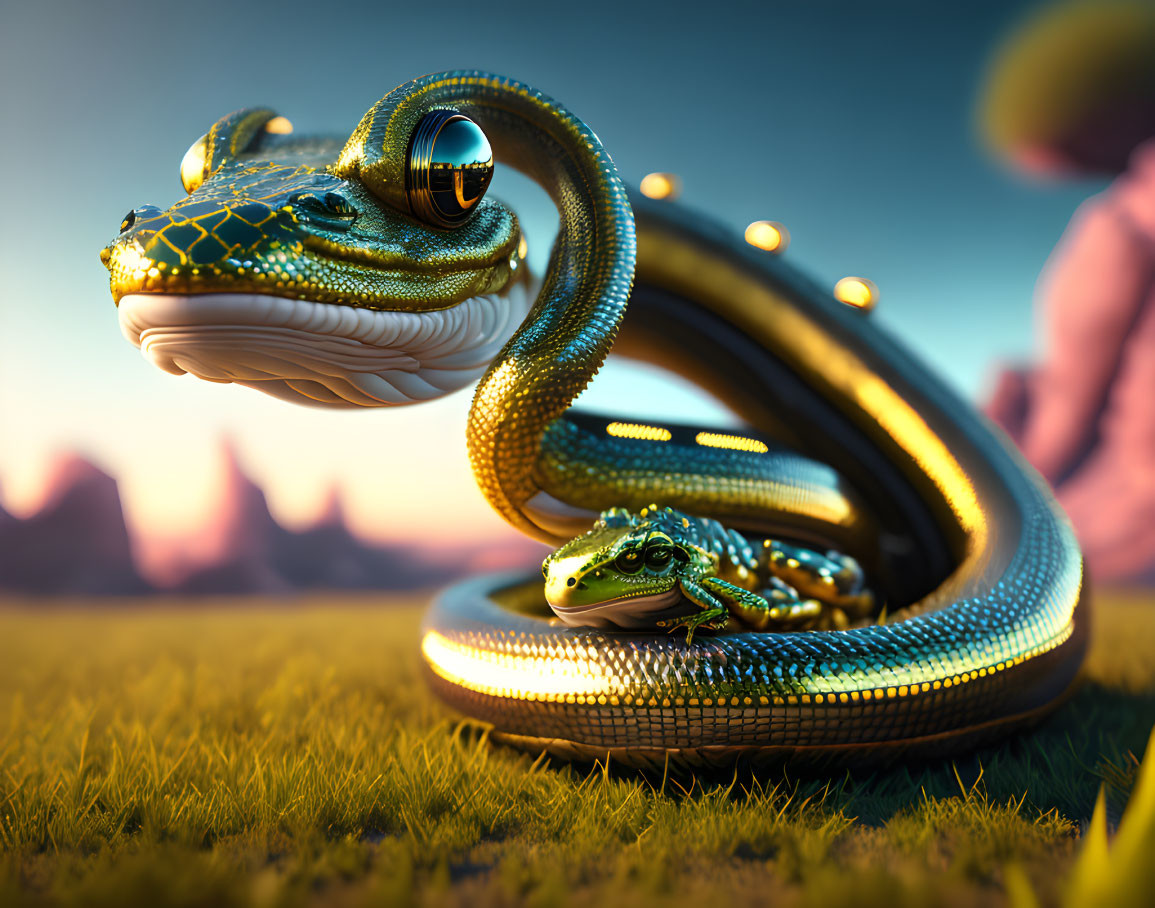 Stylized jewel-like snakes in surreal sunset landscape